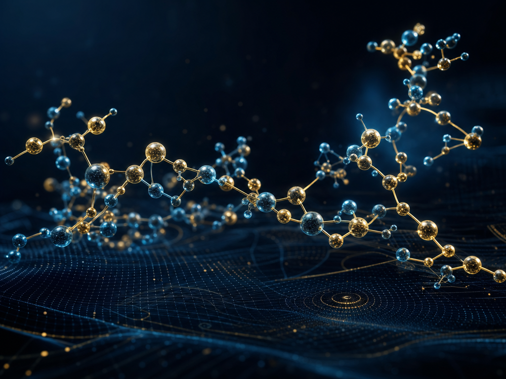 Original conceptual editorial artwork: luminous linked forms above a dark computational research surface, illustrating a molecular-research theme without asserting an exact structure.