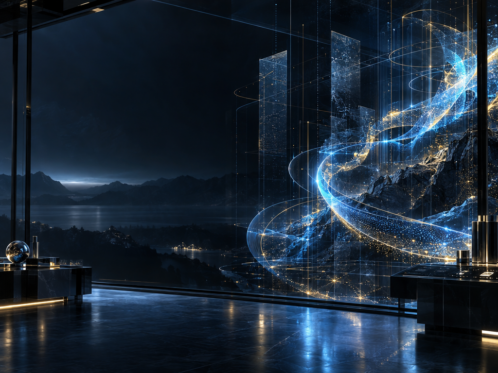Abstract, color-rich computational research environment with cobalt and cyan signal trails against a deep navy field.