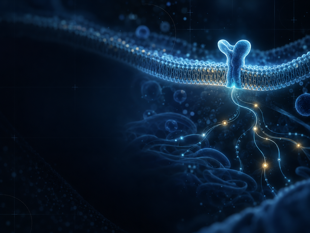 Conceptual editorial illustration of a cell-membrane interface and branching signal paths, framing semaglutide and GLP-1 receptor signaling as a research question without asserting a specific downstream pathway or confirmed binding event.