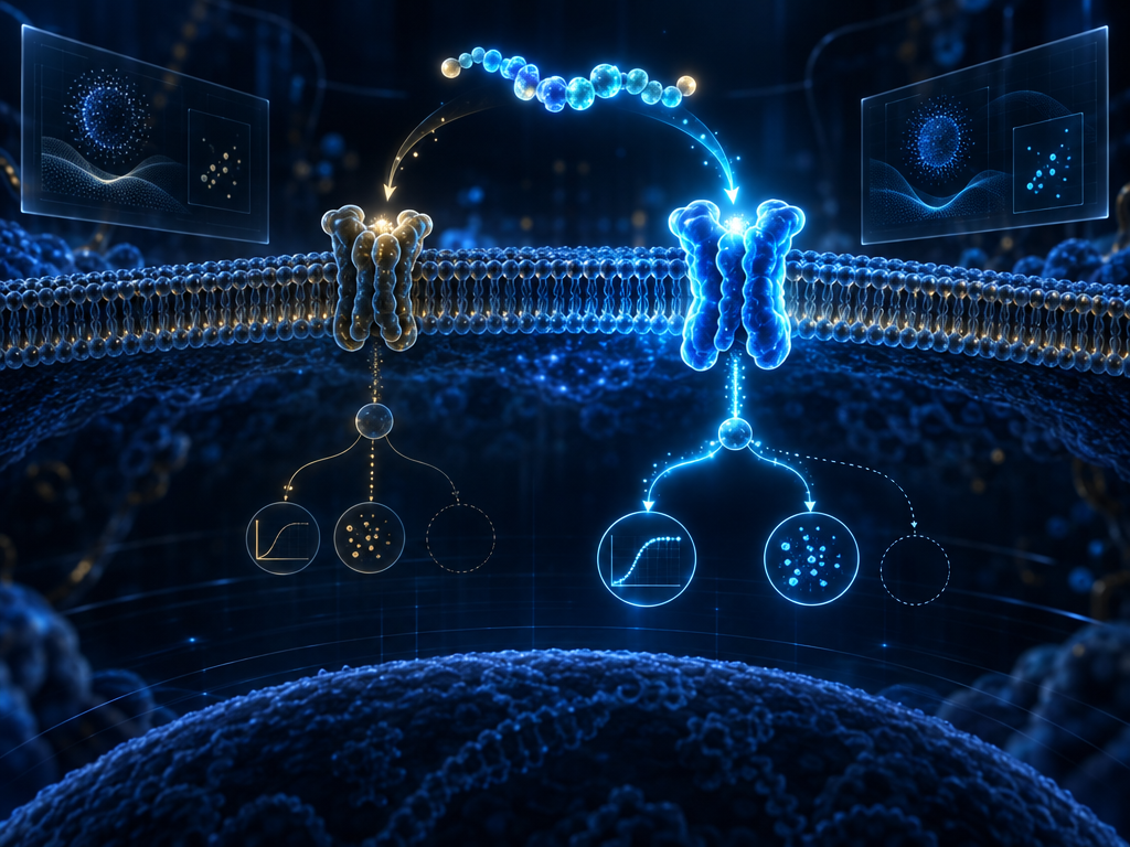 Conceptual dual-receptor research illustration showing distinct GIP-receptor and GLP-1-receptor tracks and branching assay pathways, based on in-vitro receptor pharmacology and structural studies; not measured data or proof of receptor occupancy.