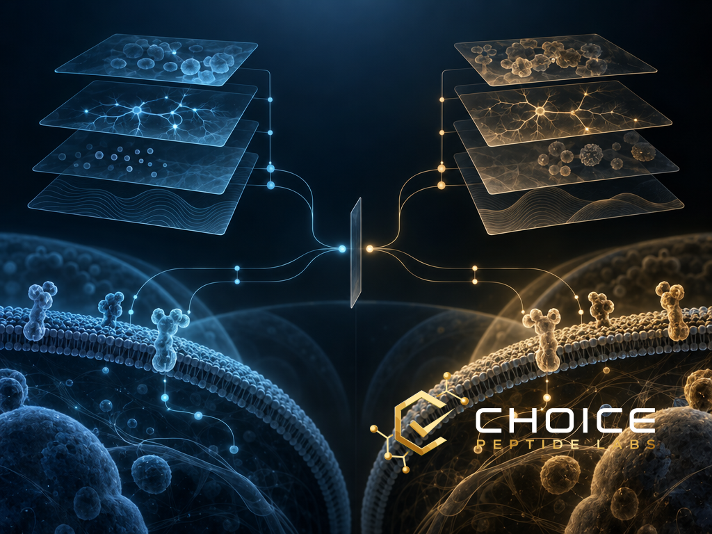 Abstract editorial research illustration with distinct study pathways represented by layered assay panels, branching signal lines and evidence-card forms, emphasizing comparison of study designs without depicting results.