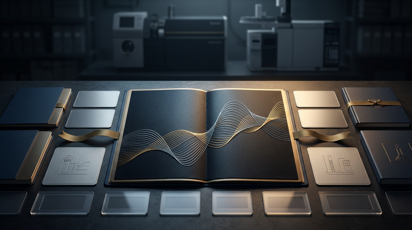 Conceptual analytical-research dossier with abstract instrument forms, blank record cards, and decorative nonnumeric traces; not measured data.