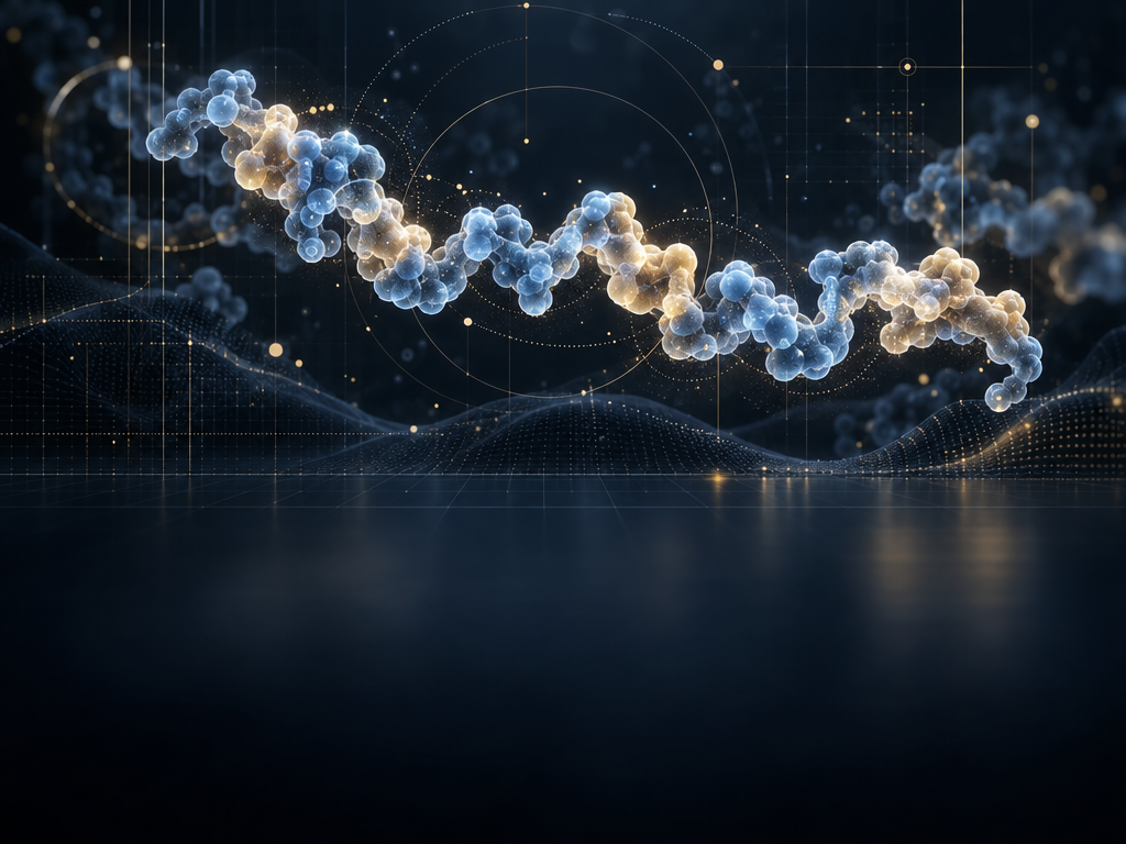 Abstract peptide-chain-inspired dimensional form over a dark computational research surface, illustrating Tirzepatide molecular identity and structural characterization without asserting an exact atomic structure or receptor interaction.