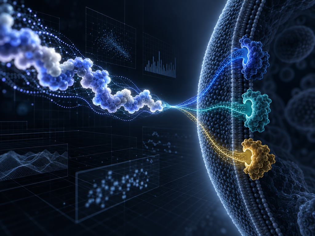 Conceptual Retatrutide Peptide Signal illustration of three distinct receptor research tracks at an abstract membrane interface, representing GIPR, GLP-1R, and GCGR research without depicting a confirmed binding pose, receptor occupancy, or measured assay result.