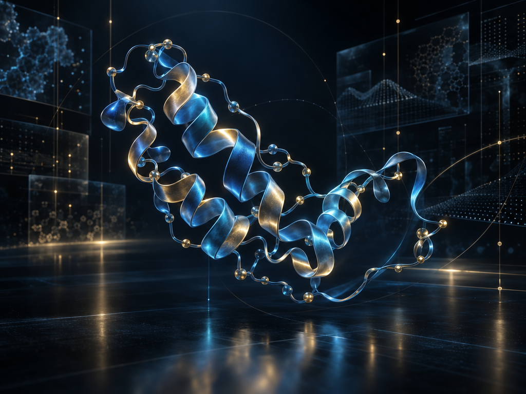 Conceptual Retatrutide identity artwork: peptide-inspired dimensional ribbon over a dark computational research surface with abstract evidence-grid details; not an exact molecular structure, experimental data, or receptor-binding depiction.