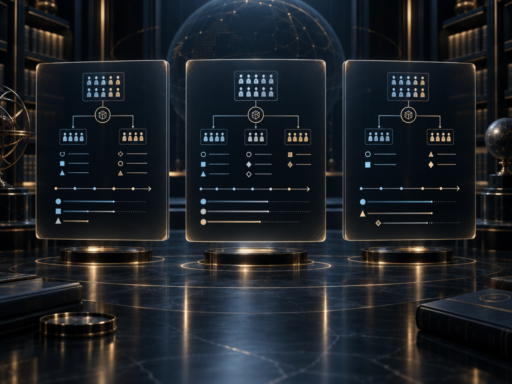Conceptual research-file artwork with distinct study-design cards, randomization branches, comparator columns and endpoint symbols, illustrating how tirzepatide trial records must be examined by design without depicting actual data or results.
