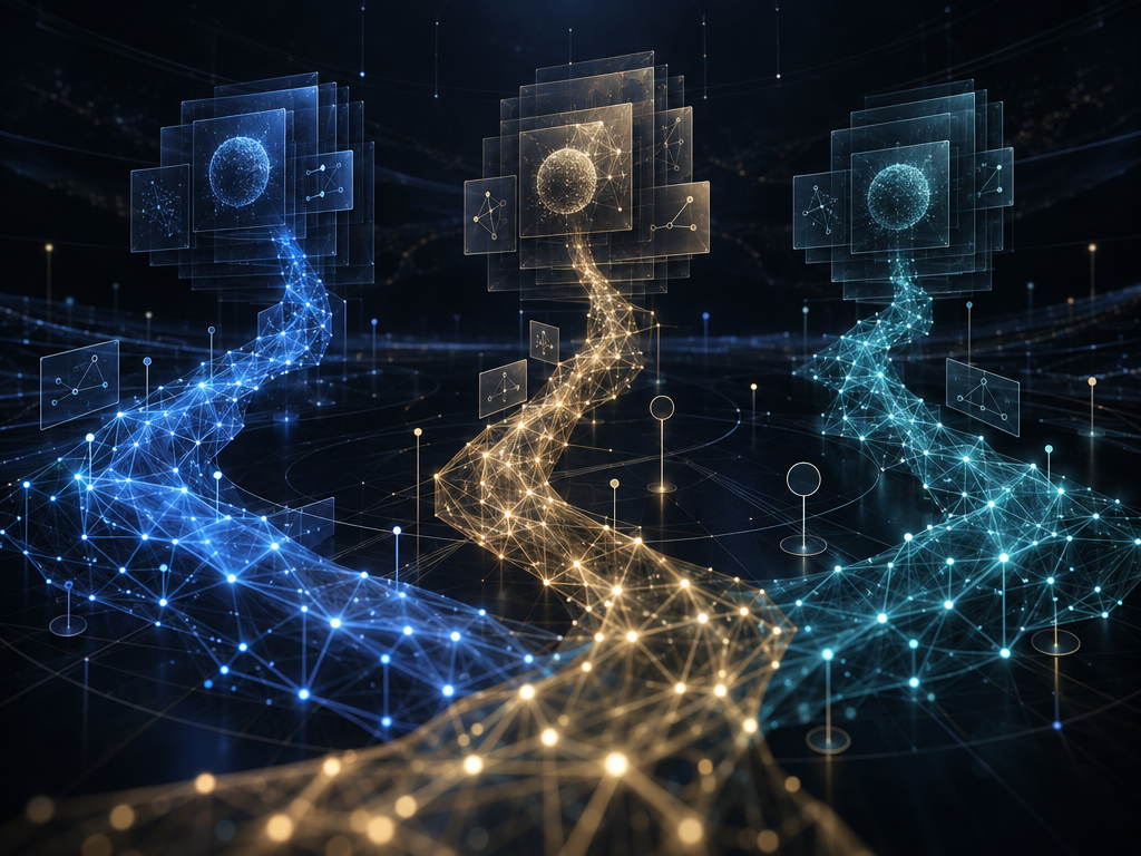 Conceptual Retatrutide research-file artwork with three abstract receptor research tracks, layered study-design cards, evidence pathways and unresolved analytical nodes; illustrative only, not measured assay data or confirmed receptor-binding imagery.
