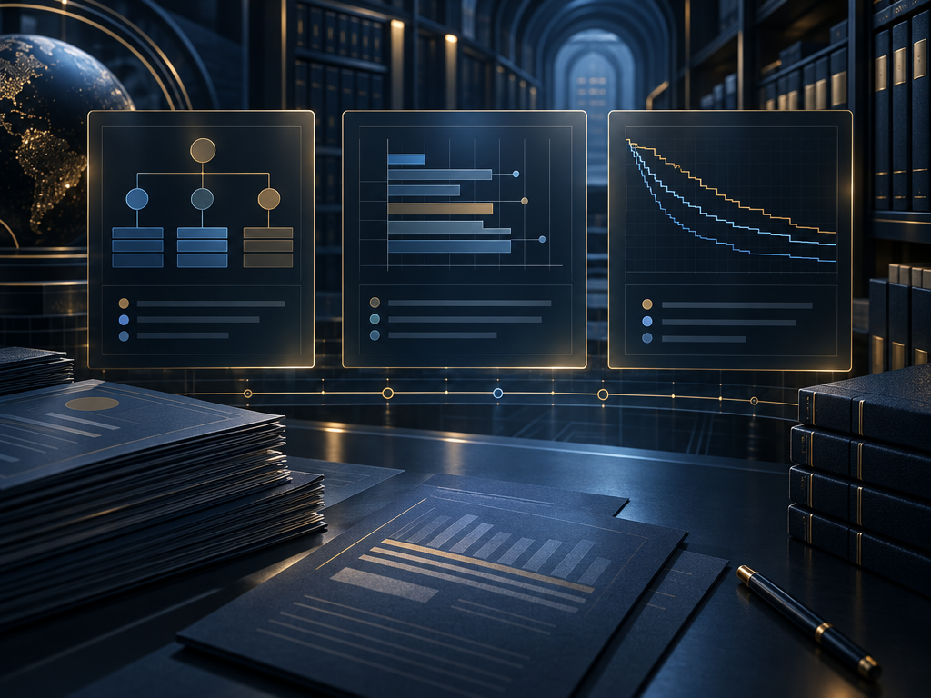 Abstract editorial research archive with layered study-record cards and data grids, illustrating comparison of distinct semaglutide trial designs without depicting actual trial results.