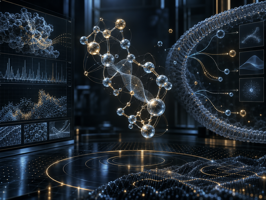Abstract redox and enzyme research visualization with branching biochemical pathways and distinct analytical nodes; not a measured NAD+ pathway or causal sequence.